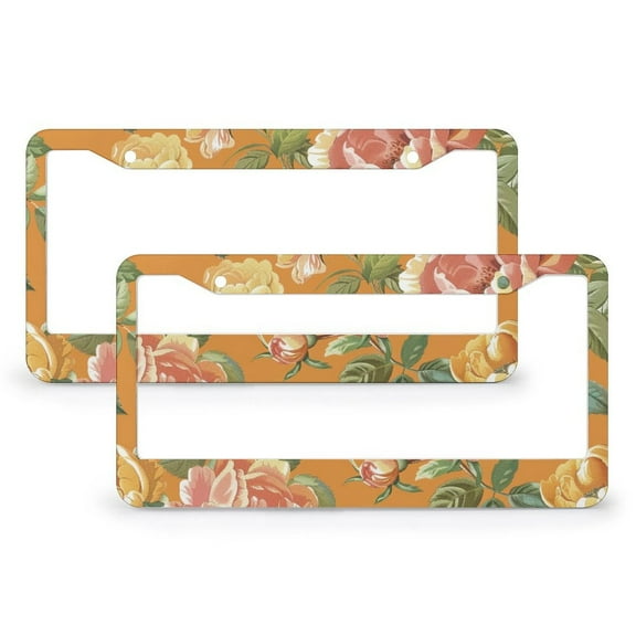 License Plate Cover Delicate Roses And Peonies Car Tags Frames Holder 2 PCS Farmhouse Shabby Chic Orange Peony Quality Aluminum Metal License Plate Frames for Girl Women Men Vehicles 15.9*30.9CM