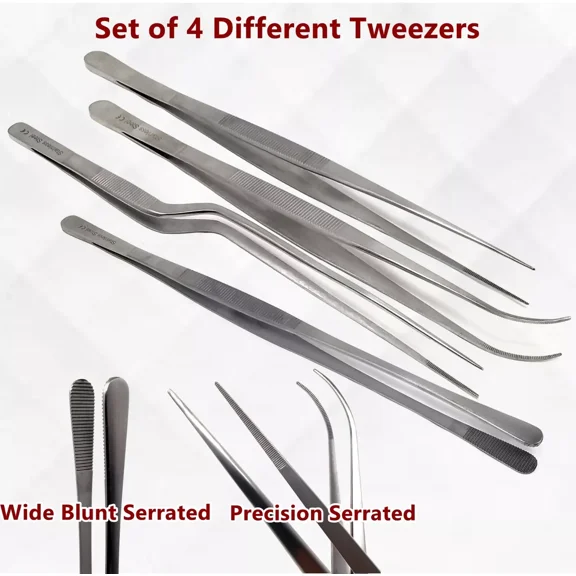 A2Z Culinary Stainless Steel Tweezers, 12-inch Set of 4 Chef's Precision Tongs for Plating, Decorating, Food Design, Bar and Multi-Purpose Cooking Food Presentation Design styling Use