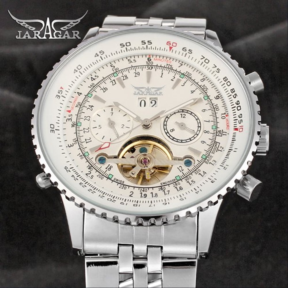 JARAGAR Men s Self Winding Stainless Steel Waterproof Automatic Skeleton Tourbillon Calendar Watch Walmart