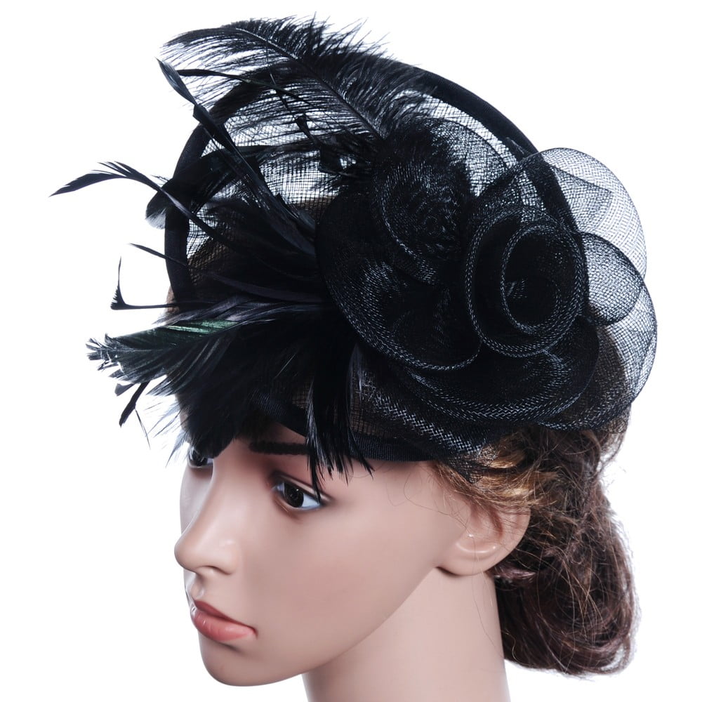 New Women's Girls Black Loop Feather Fascinator Comb Headpiece Hat Wedding Races 