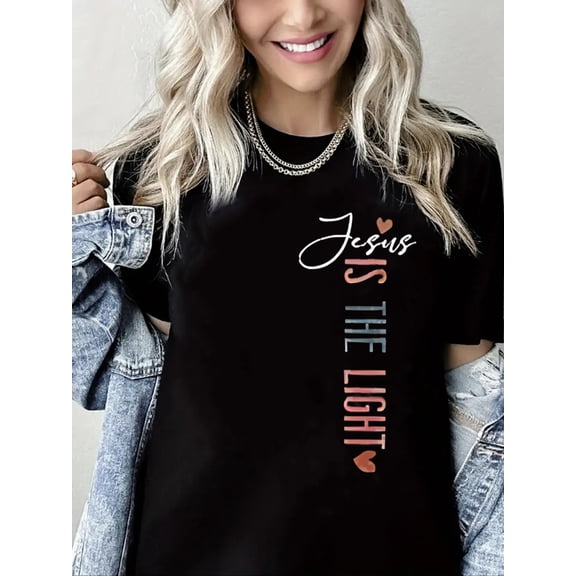 Women Christian T-Shirt Jesus is the Light Graphic Shirt Casual Crew Neck Top