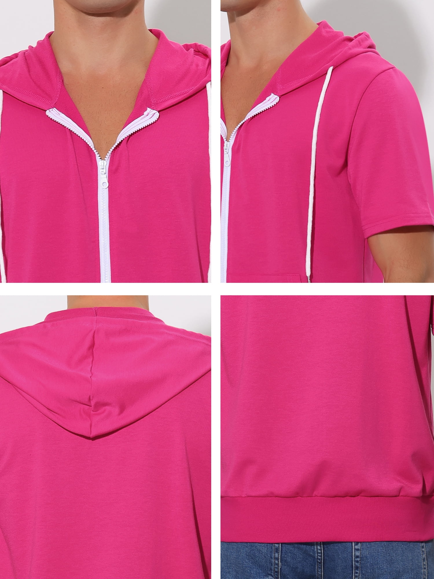 Unique Bargains Men's Short Sleeve Solid Color Zip Up Sport Hoodies L Rose Red