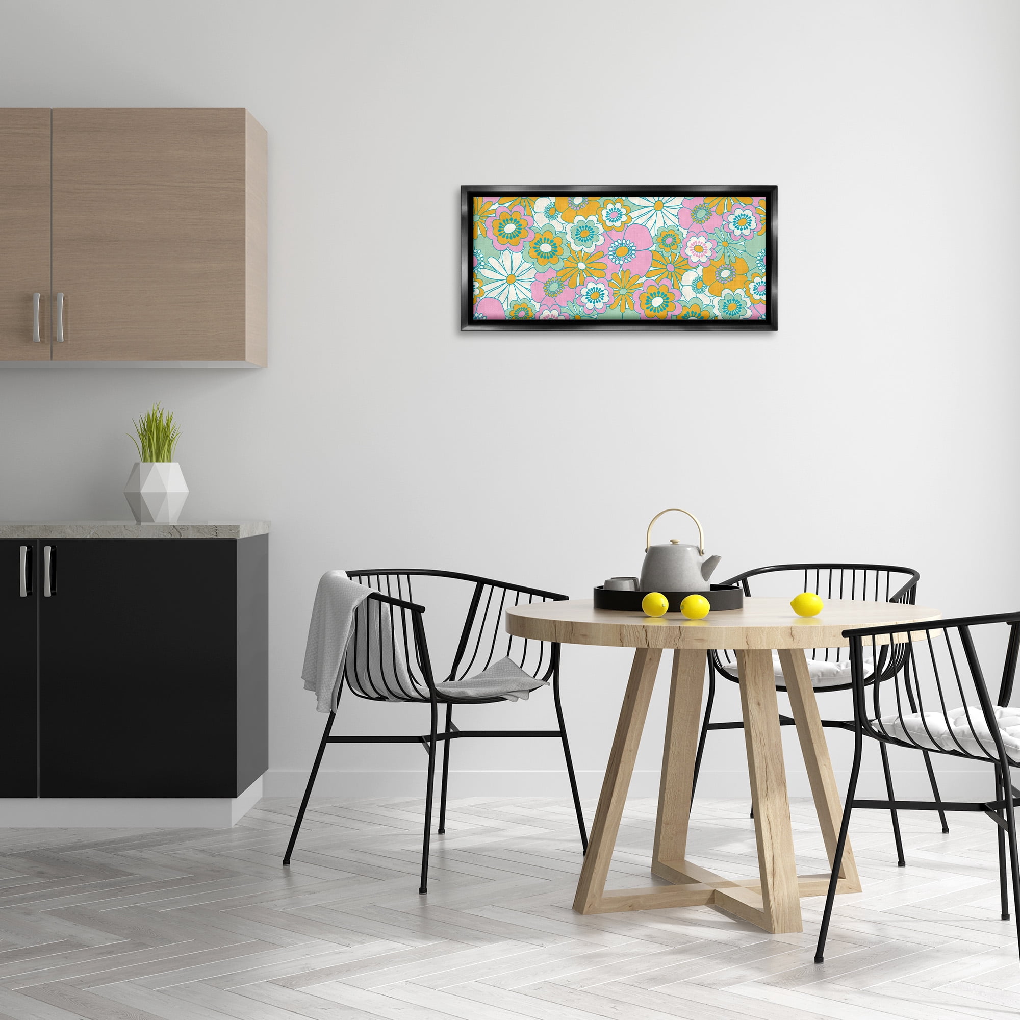 Stupell Industries Retro Flower Pattern Botanical & Floral Painting Black Floater Framed Canvas Art Print Wall Art, 31 x 14