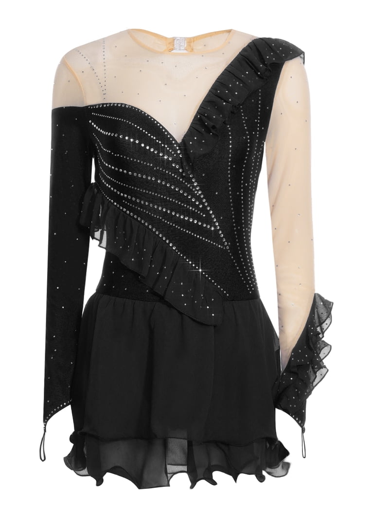 Doomiva Figure Skating Dress for Women Rhinestones Long-sleeved Chiffon Gymnastics Leotard Dresses Black S