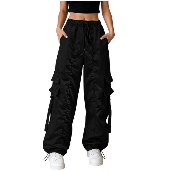 Lmueinov Women's 90s Retro Parachute Cargo Pants Elastic Waist D string Multi Pockets Baggy Wide Leg Streetwear Casual Hiking Jogger Pants, S-XXL