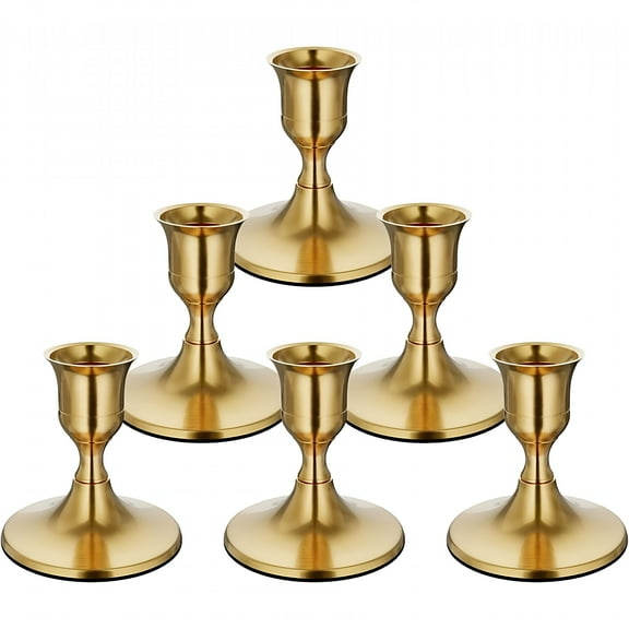 XIBUFE 6PCS Brass Gold Taper Candle Holders Vintage Metal Candlestick Holders for Dinner Room Table Centerpiece or Mantel Wedding Party Decor