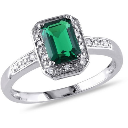 7/8 Carat T.G.W. Emerald-Cut Created Emerald and Diamond-Accent 10kt White Gold Halo Cocktail Ring