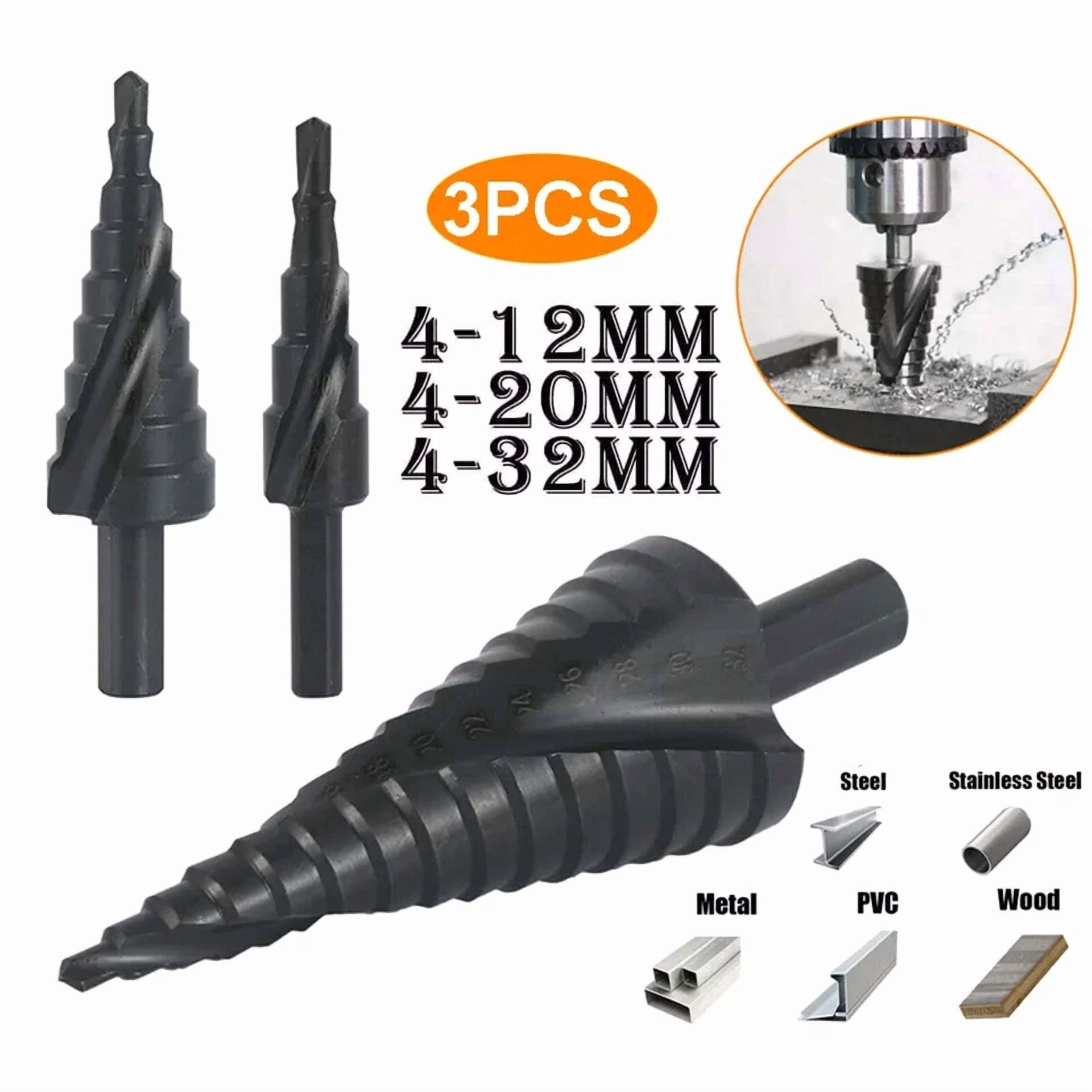 PRIME - 3Pcs Hss Step Drill Bit Set Large Cone Titanium Bit Set Metal Hole Cutter