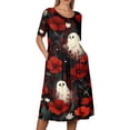 thumbnail image 5 of Women's Halloween Print Round Neck Casual Dress with Pockets Short Sleeve Loose Fit Midi Dress Plus Size for Daily Wear Autumn Outfit Red M, 5 of 6