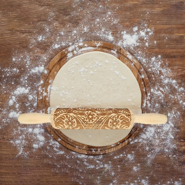 Navidad Rodillo Amasar Relieve Rodillo Para Galletas, Rodillo Cocina Amasar Madera, Madera Natural Tallada Grabada Patrón Flores Copo Nieve, Bonita