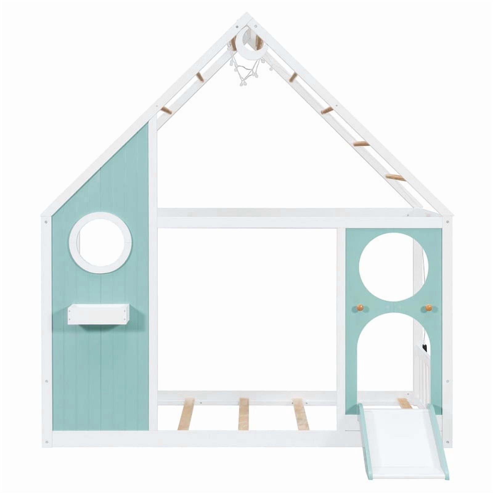 Twin Size Kids House Bed with Small Slide, Wooden Playhouse Floor Design Platform Bed Frame with Light Strip & Storage Shelf