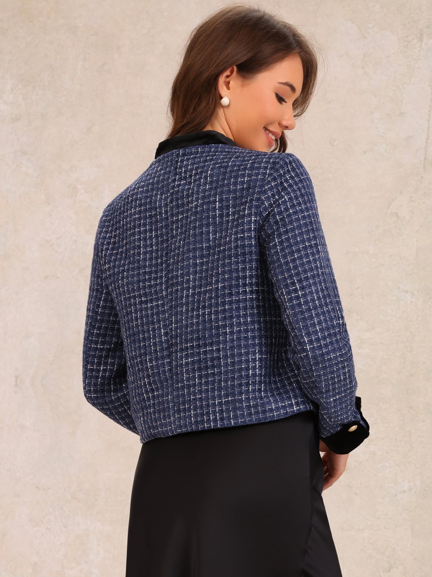 DARING DIVA Tweed Blazer Vintage Button Work Office Short Jacket M Blue