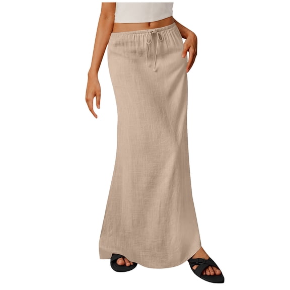 Ohufall Women'S Skirt Linen Maxi Skirts For Women Trendy Summer Comfy Drawstring Waist A Line Skirts Cute Vacation Boho Long Flowy Skirts