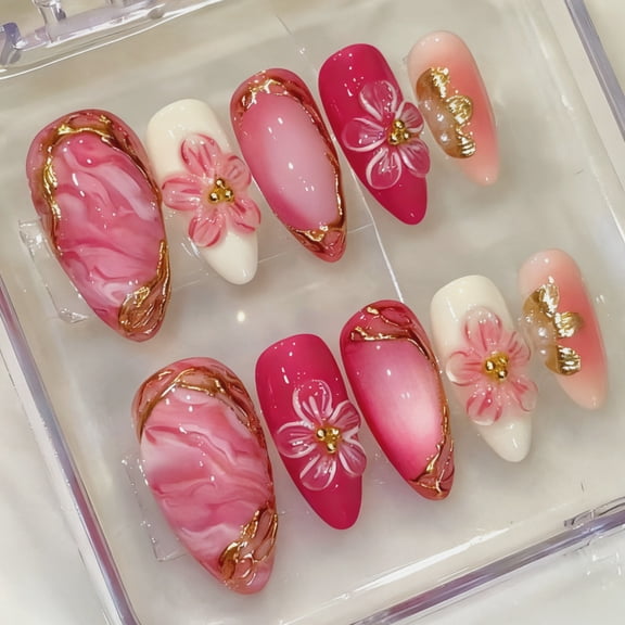 Medium French Tip Fake Nails with Embossed Flower&Gold Bead Designs, 3D Press on Nails,Glossy Finish Reusable False Nails with Glue Tabs - 30 Pcs Nail Kit for Women Manicure