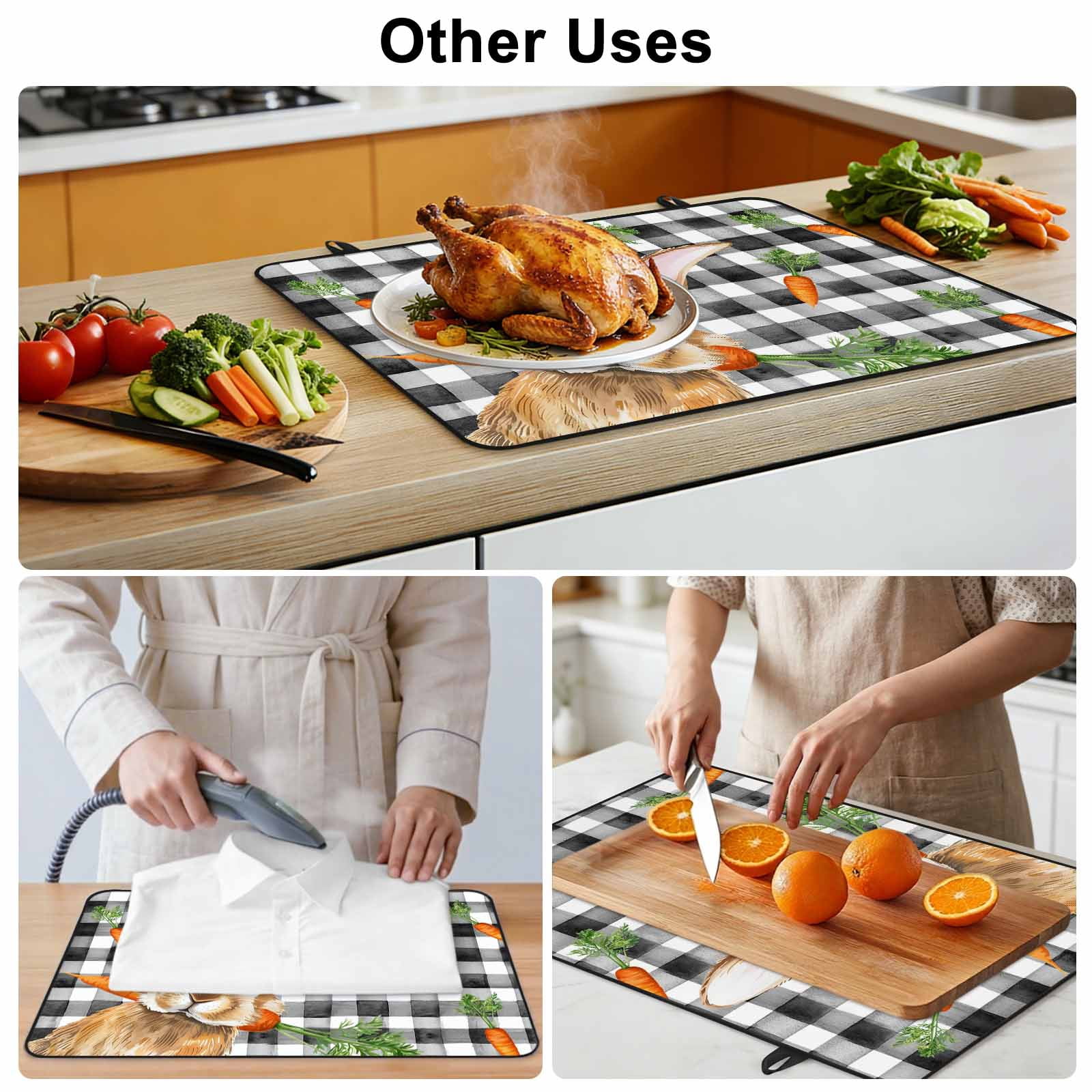 Easter Bunny Stove Top Cover for Electric Stove, Heat-proof & Non Slip Glass Top Stove Cover Protector, Spring Rabbits Carrots Black Buffalo Plaid Kitchen Flat Cooktop Rubber Mat 24x21 Inches
