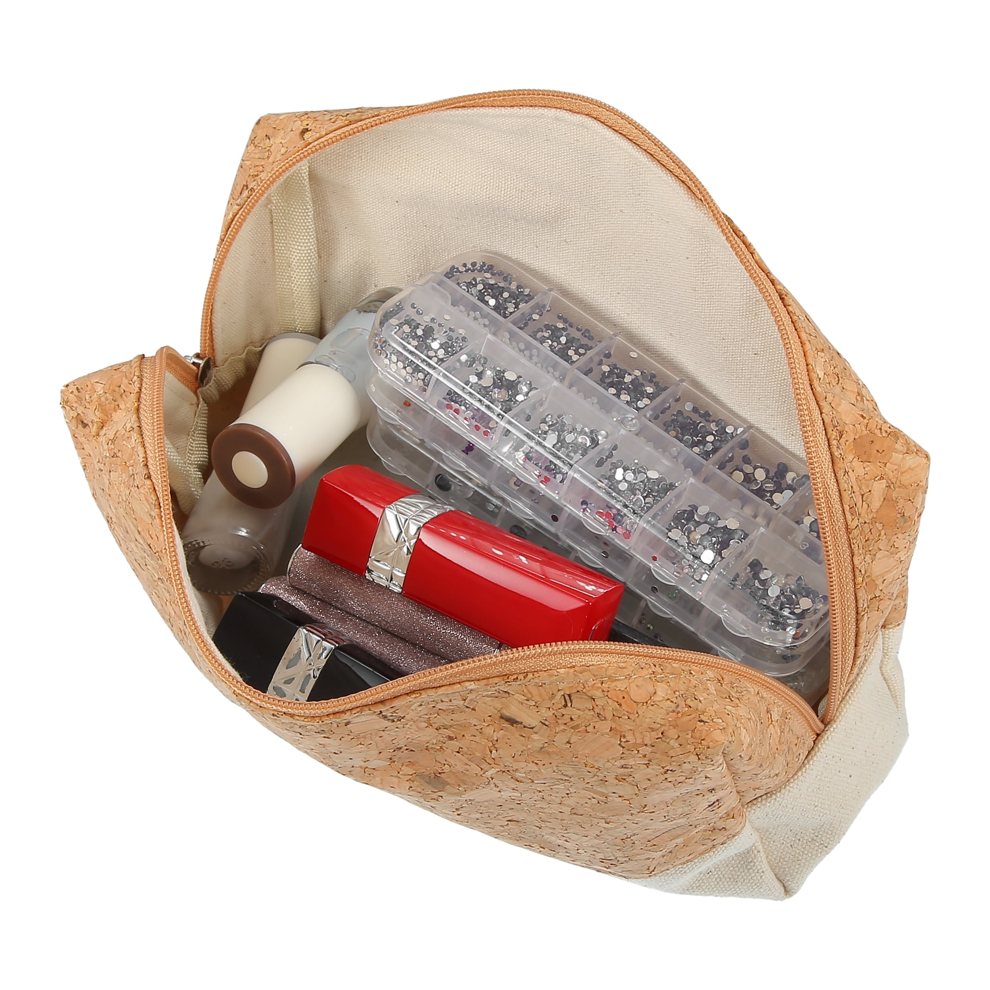 Unique Bargains Makeup Bag Toiletry Bag Wood Grain Pattern 7.80"x2.36"x5.51" Canvas Beige