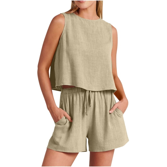 Birdeem Mode Femme Col Rond Blouse Sans Manches Ample Coton Lin Poches Pantalons Ensembles Chemises