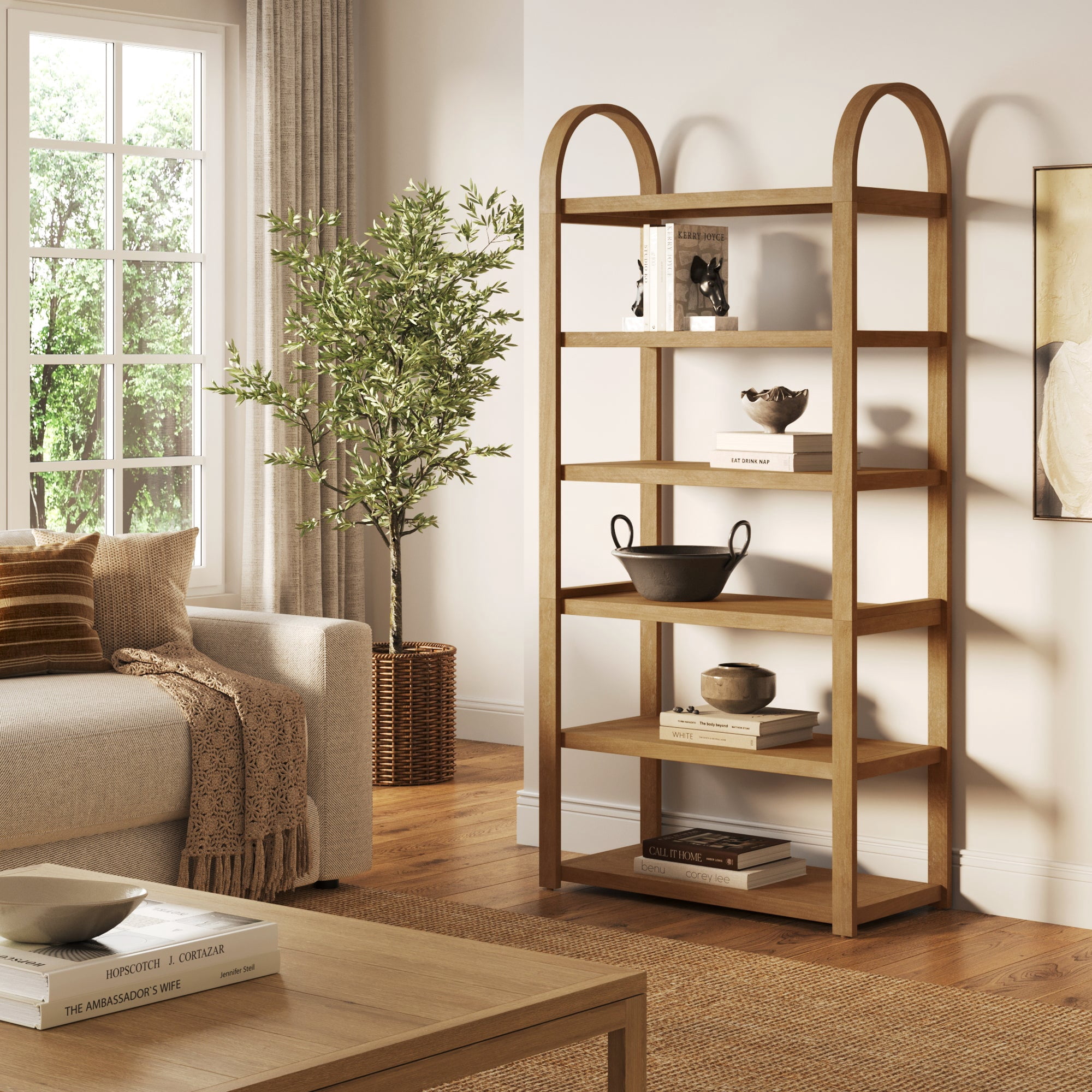 Nathan James Syd 6-Tier Arched Bookcase, Solid Wood Etagere Bookshelf, Light Brown