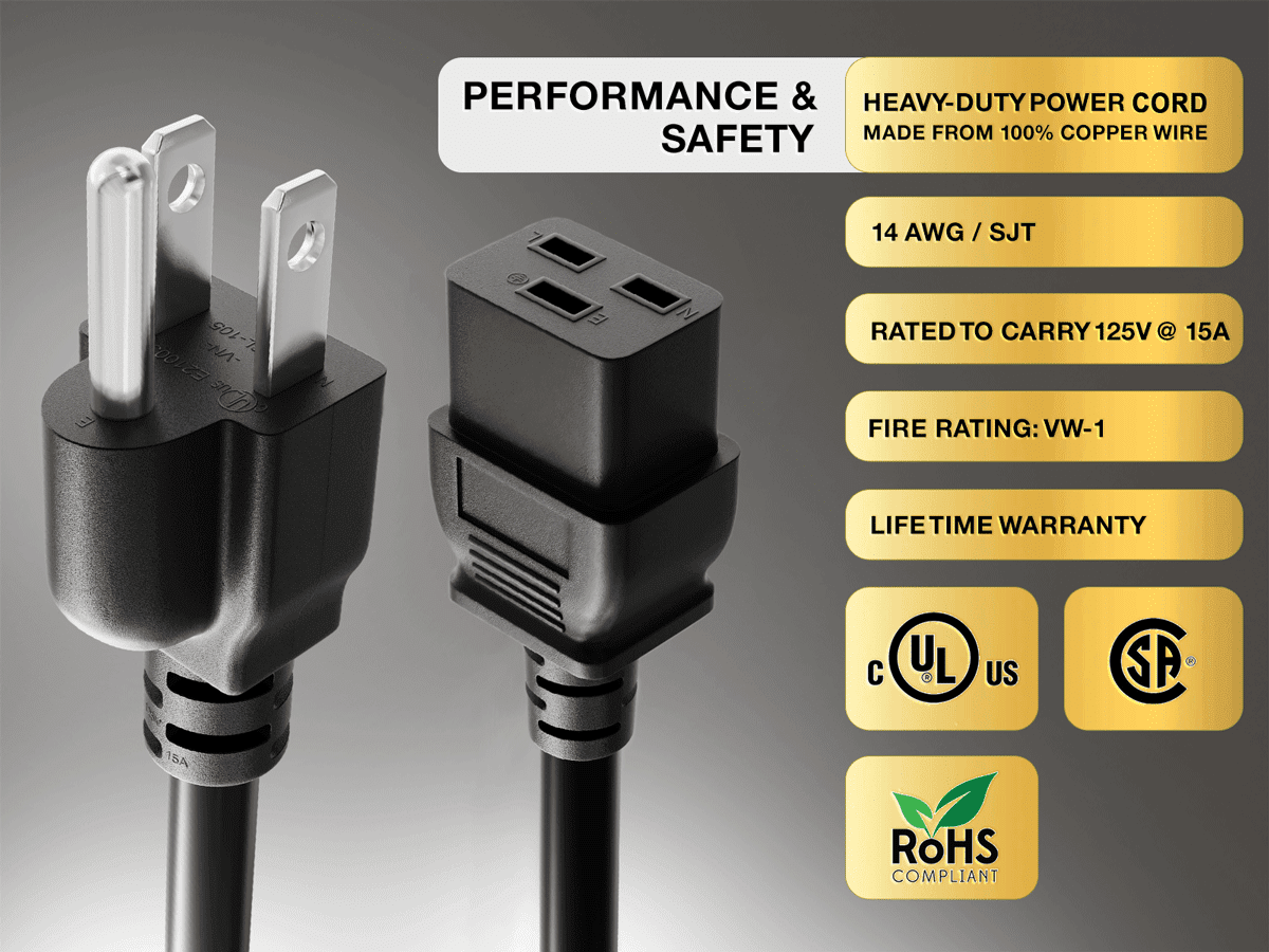 Cable Leader 15 ft 14 AWG 15A 125V Power Cord NEMA 5-15P to IEC320 C19, UL Listed