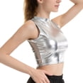 thumbnail image 5 of YONGHS Women Metallic Shiny Sleeveless Crop Top Ladies T-Shirt Vest S-XXL Silver A XXL, 5 of 6