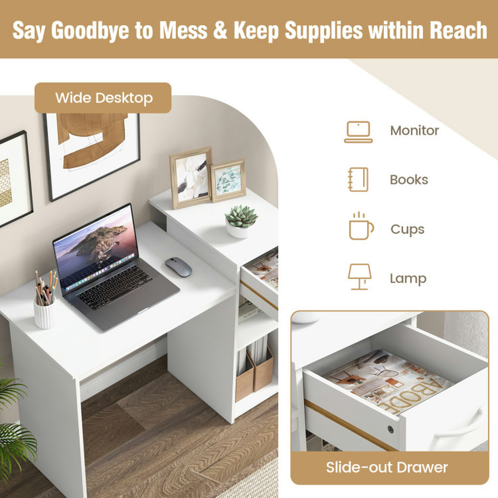 Demi Bonn Computer Desk with Drawer Modern Laptop PC Desk with Adjustable Shelf and Cable Hole, Small Home Office Desk Study Writing Table, White