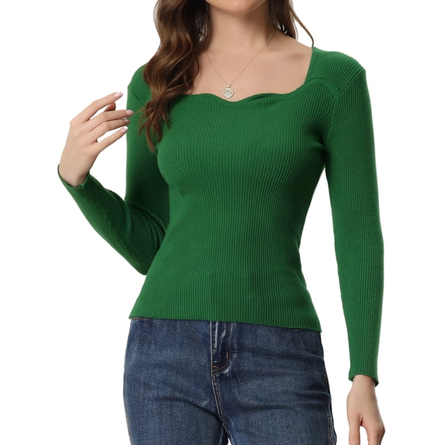 INSPIRE CHIC Chandail pour Femmes Ajusté à Manches Longues Col Cœur Tricoté S Vert