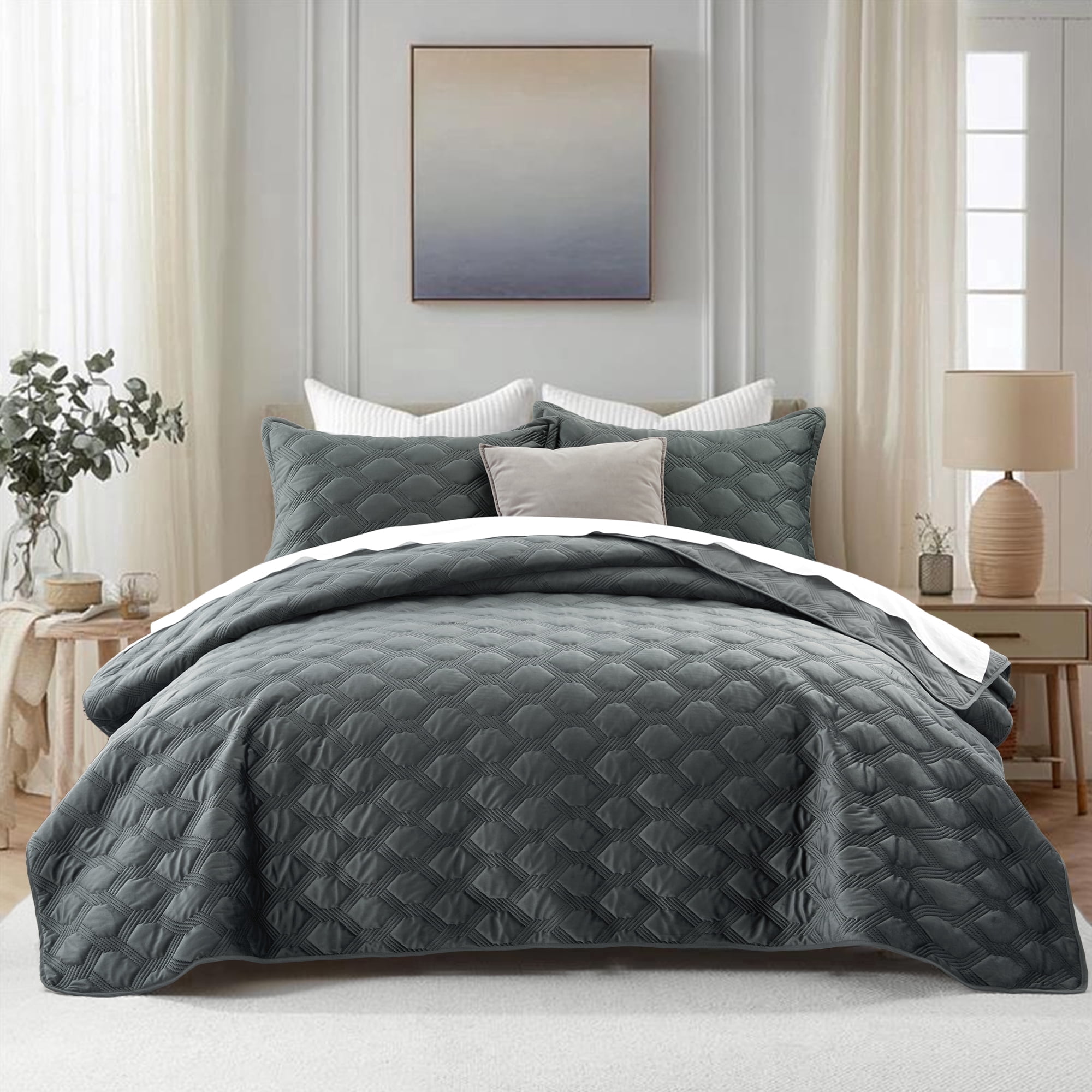 IR Imperial Rooms Velvet Quilt Set 3 Piece Geometric Ultrasonic Embossed Bedspread Reversible 350GSM Soft Brushed Microfiber Gray Full/Queen