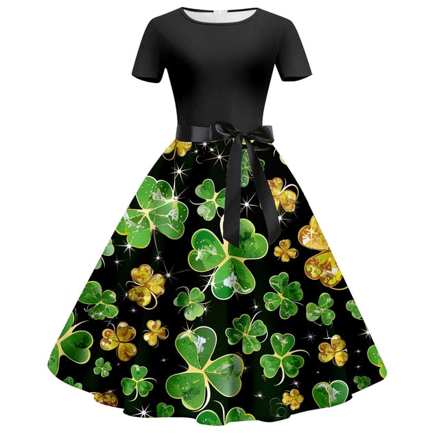 Robes pour Femmes Imprimé de la Saint-Patrick Col Rond Manches Courtes Lacées Robe Rétro Décontractée