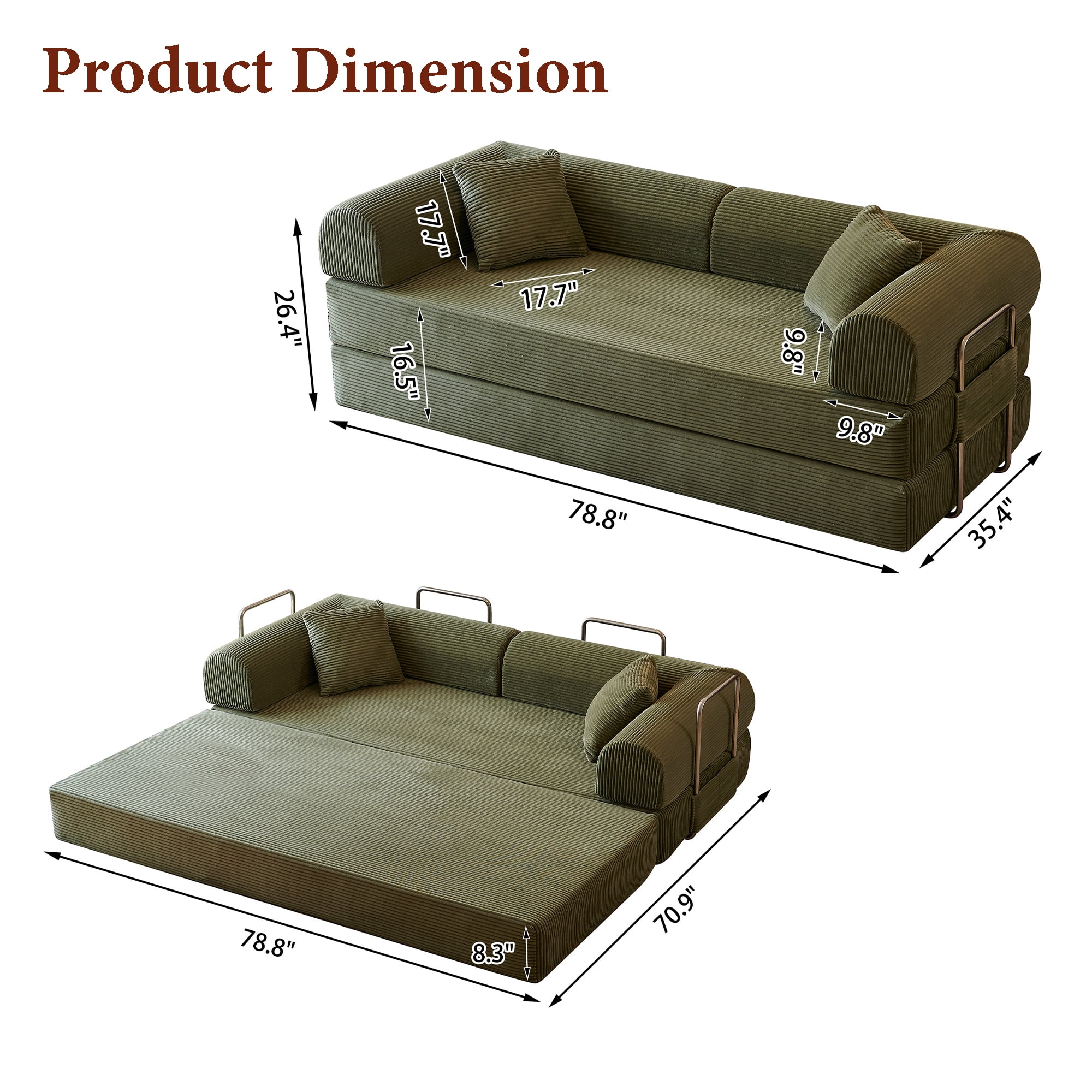 Howcool Convertible Floor Sofa Bed,78.8"W Corduroy Futon Sleeper,Boneless Modular Couch,Folding Floor Sofa Compression Sofa for Living Rooms,No Assembly Required,Green