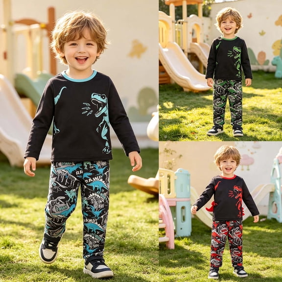 Pandaie Kid Boy 2 Piece Pajama Toddler Boys Dinosaur Print Outfit 4T 5T 6T 7T Crew Neck Long Sleeve Loungewear Set Blue,1-2 Years