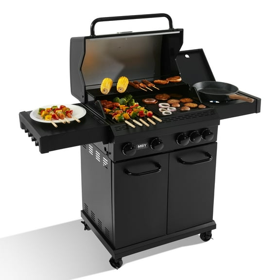 MBY 4-Burner Propane Gas Grill with Side Burner, 50,000 BTU Outdoor BBQ Grill with Cast Iron Grates and Griddle, Heavy Duty for Backyard Cooking