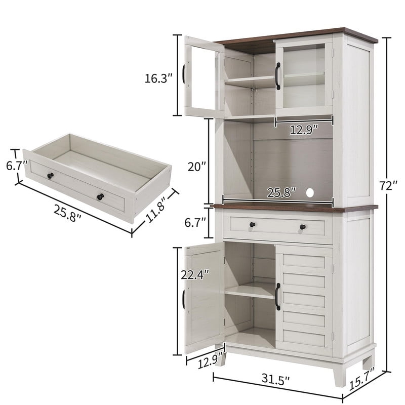TROPOW Multi-Functional Hutch – Elegant 72" White Pantry Coffee Bar Cabinet for Tall Kitchen Storage with Adjustable Shelves, Glass Doors & Drawer – Ideal for Dining Room and Kitchen