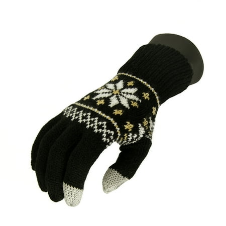 Knit Unisex Glove - Unisex Black Jacquard Knit Winter Touchscreen Gloves - One Size