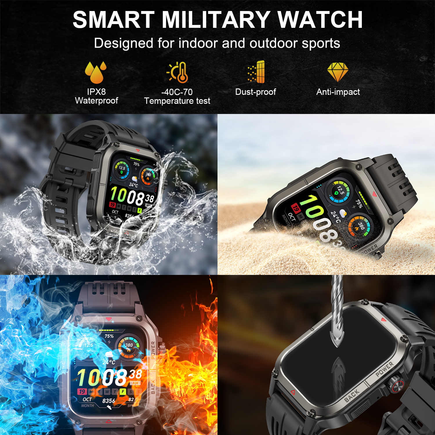 Tikland Military Smart Watch 1.91" HD Rugged, Black photo 4