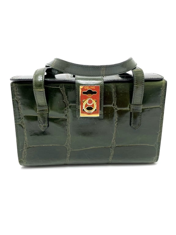 Pre-Owned CELINE Croco embossed bag vanity box type Hand Bag Green (Good)