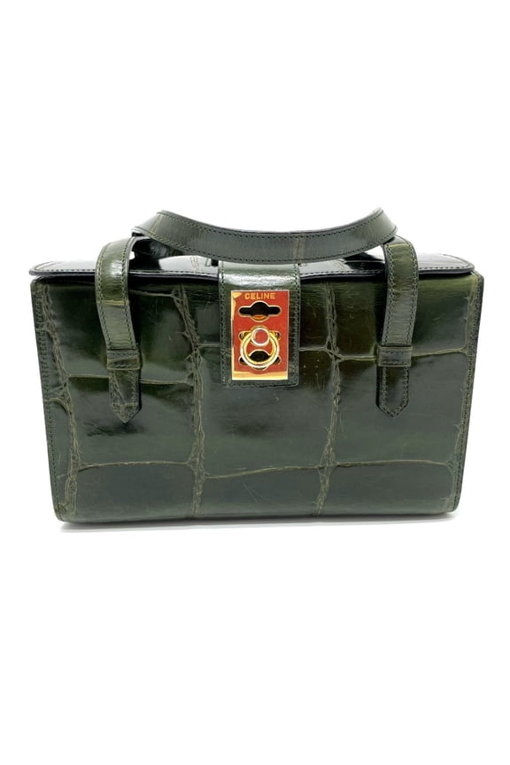 Pre-Owned CELINE Croco embossed bag vanity box type Hand Bag Green (Good)
