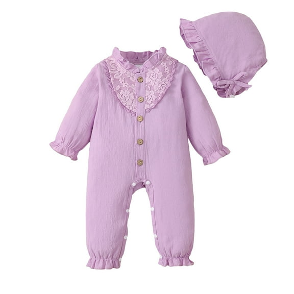 Newborn Baby Girls Clothes Baby Girls Romper Newborn Girls Long Sleeve Solid Color One-piece Romper Bodysuit with Hat 2PCS Set Purple 3-6 Months