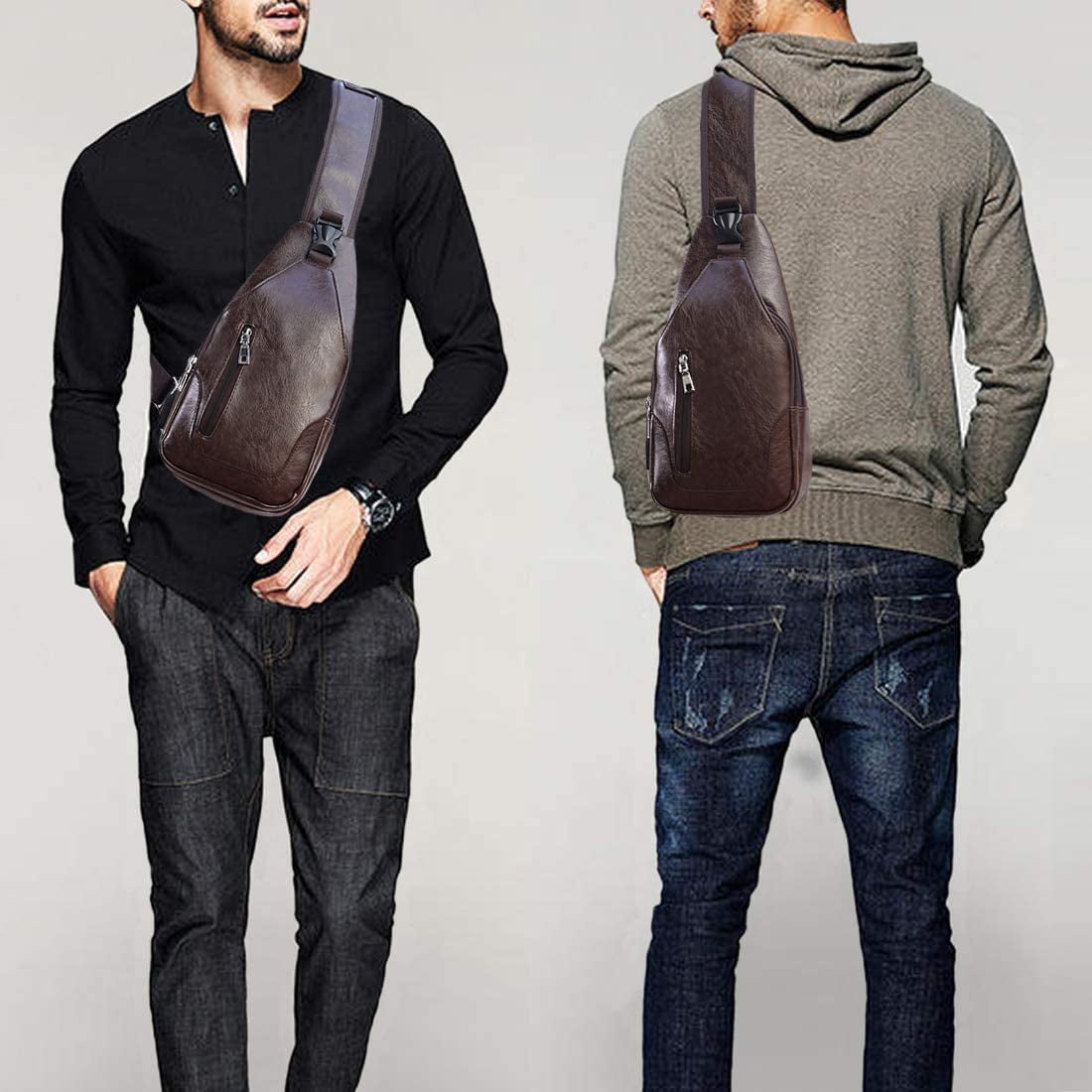 Men Sling Bag Anti Theft Shoulder Bag Small Leather Crossbody Sling Backpack with USB Charge Port