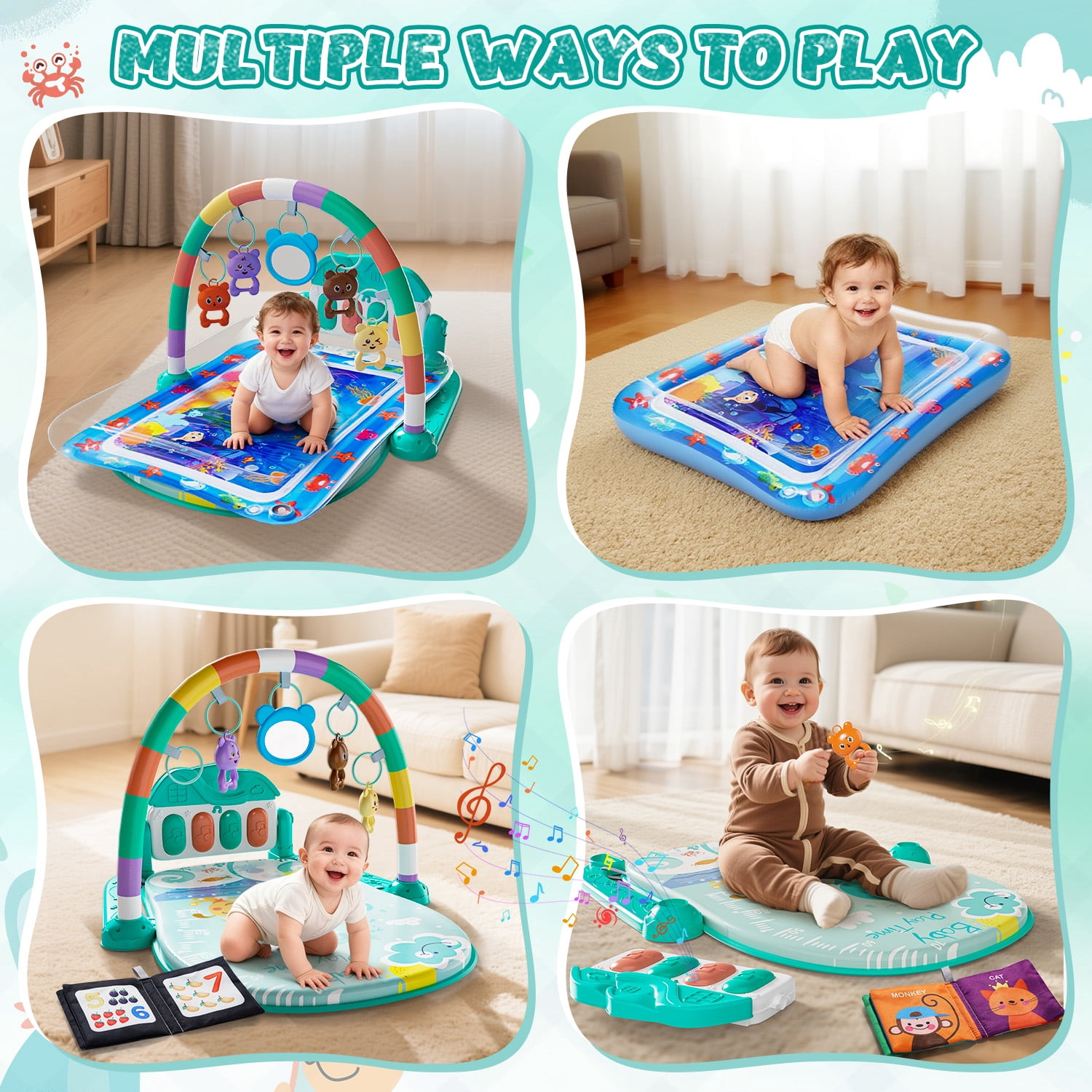 WonderStone 2 in 1 Baby Gym Playmat, Tummy Time Water Mat with 2 Cloth Books/ 5 Infant Sensory Baby Toys & Play Piano, Boys and Girls Newborn Baby Gift 0-12 Month (Green)