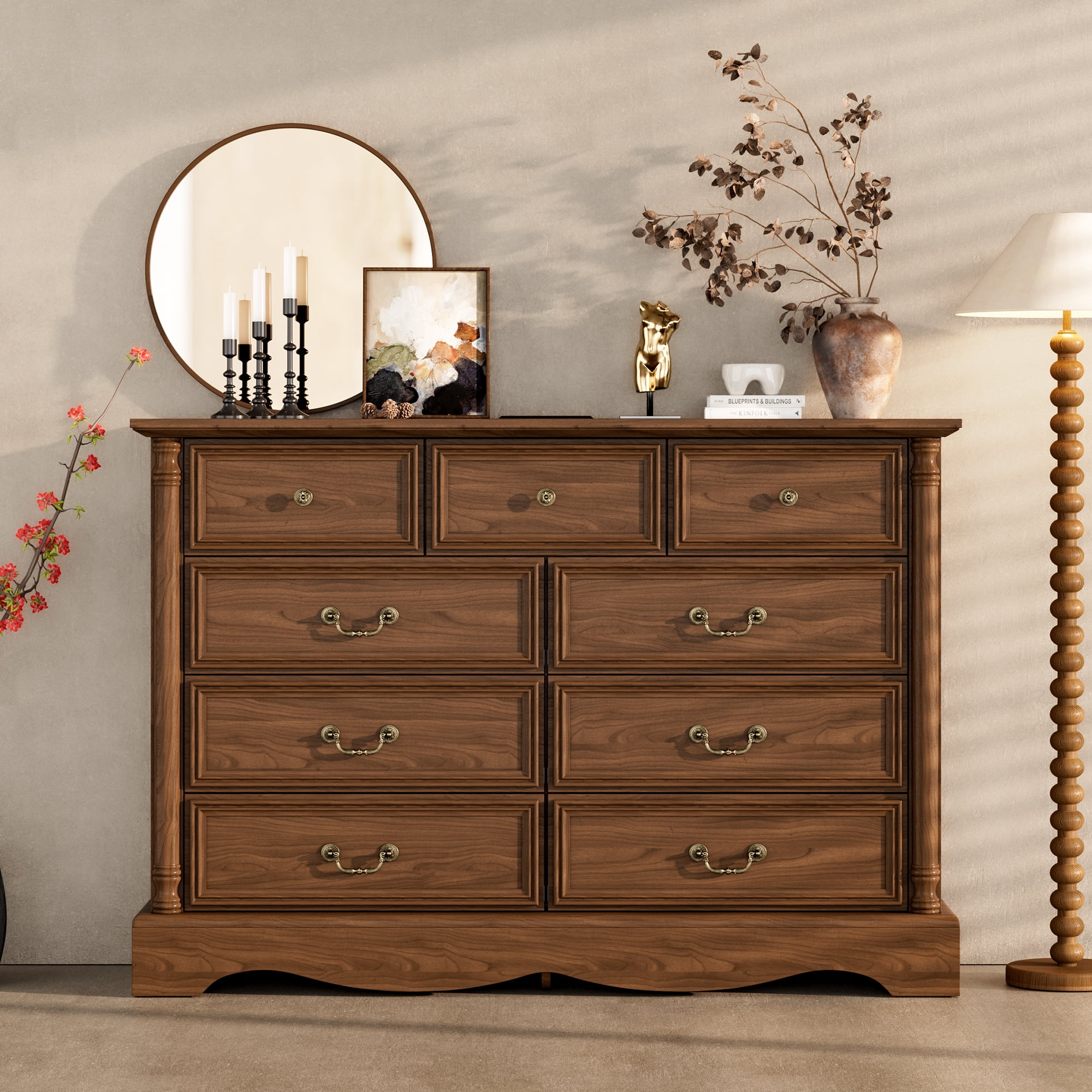 ZBOM 9 Drawer Dresser, 54 Inch Wide Farmhouse Style Chest of Drawers with Charging Station, Distressed Finish Design, Modern Storage Dresser Organizer TV Stand for Bedroom, Living Room，Brown