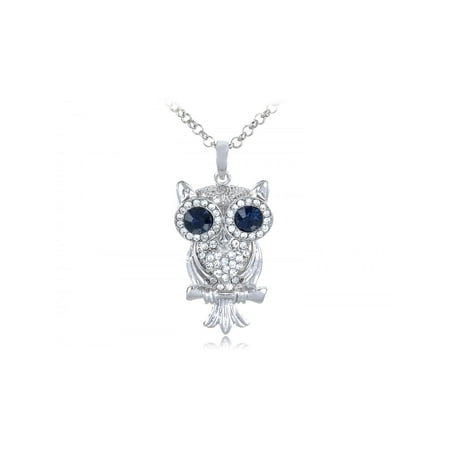 Eyed Owl Pendant - Silver Finish Tone Hooting Owl Big Blue Eyes Rhinestone Costume Pendant Necklace