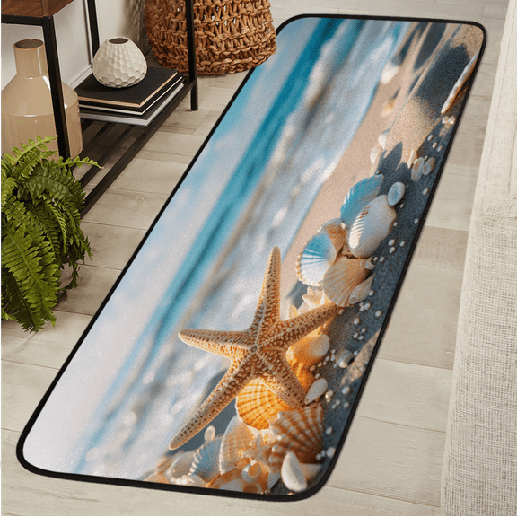 CURLYOOT Ocean Beach Runner Rug 2'x6' Washable Kitchen Runner Rug Indoor Non Slip Laundry Rugs Starfish Floor Carpet for Hallway Kitchen Entryway Bedroom Living Room