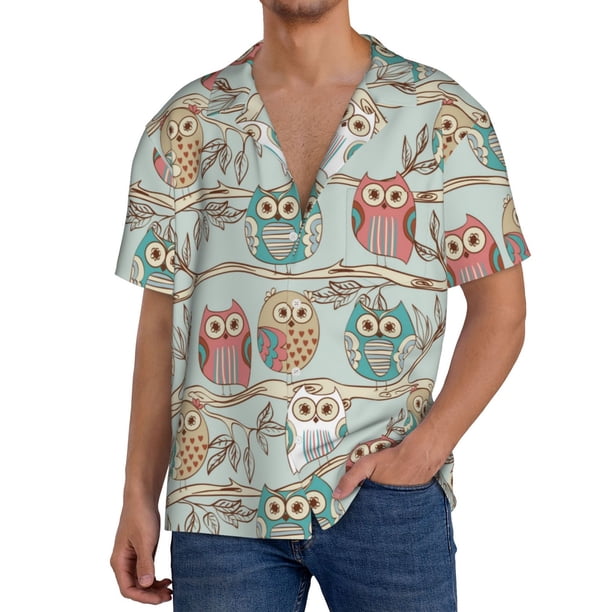 Balery Cute Owl Camisa Casual de Manga Corta con Botones para Hombre, Texturizada, Estilo Cubano, para Playa, Verano-X-Large