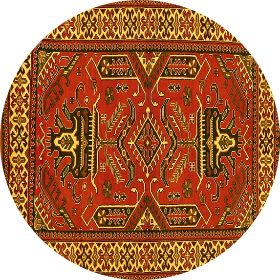 Ahgly Company Machine Washable Indoor Round Geometric Yellow Traditional Area Rugs, 6' Round