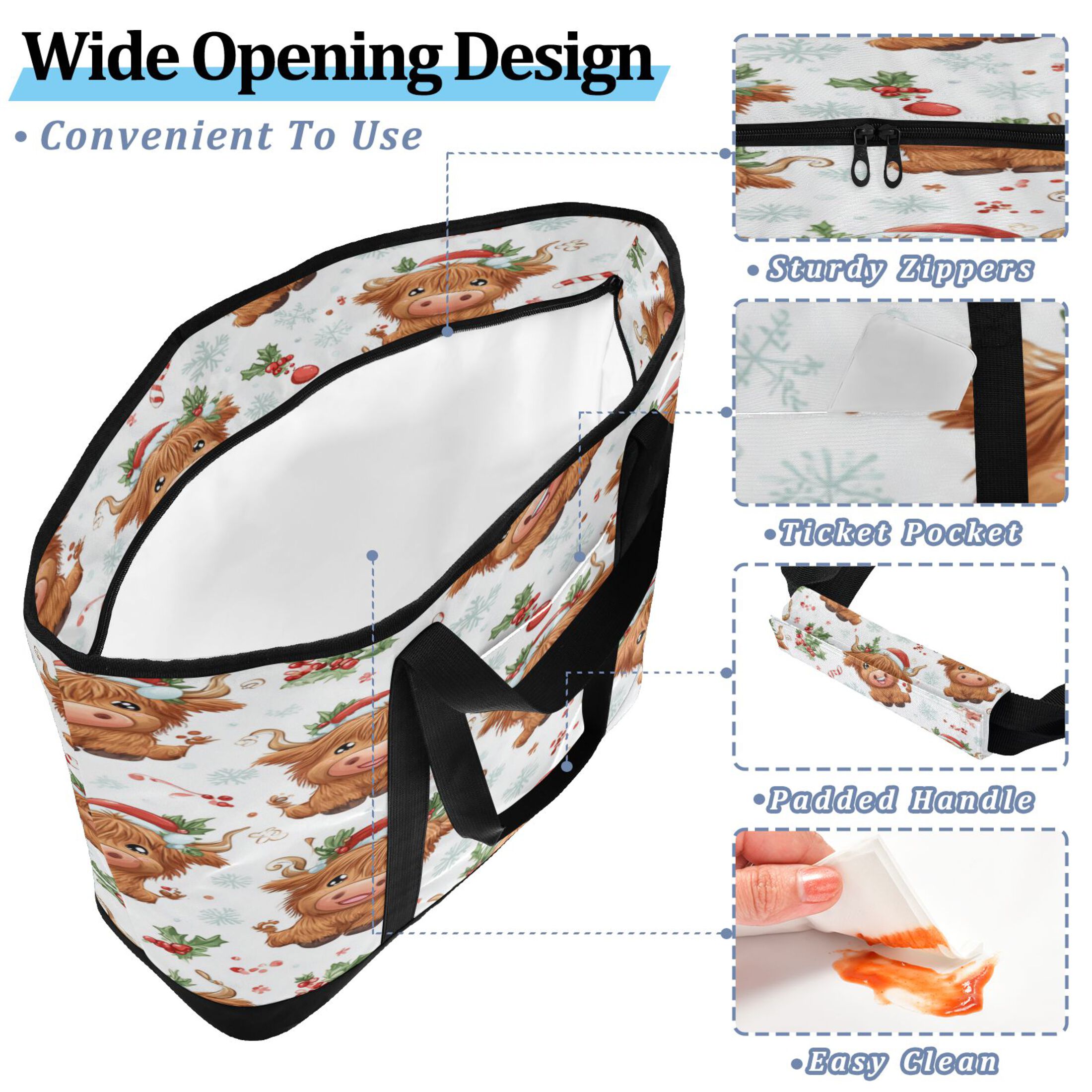 Extra-Large Wide Opening Design Capacity Hand-Held Ice Pack Thickened Insulation Layer For Long-Lasting Cold Retention For Outdoor Shopping Picnics And Camping Adorable Yaks at Christmas