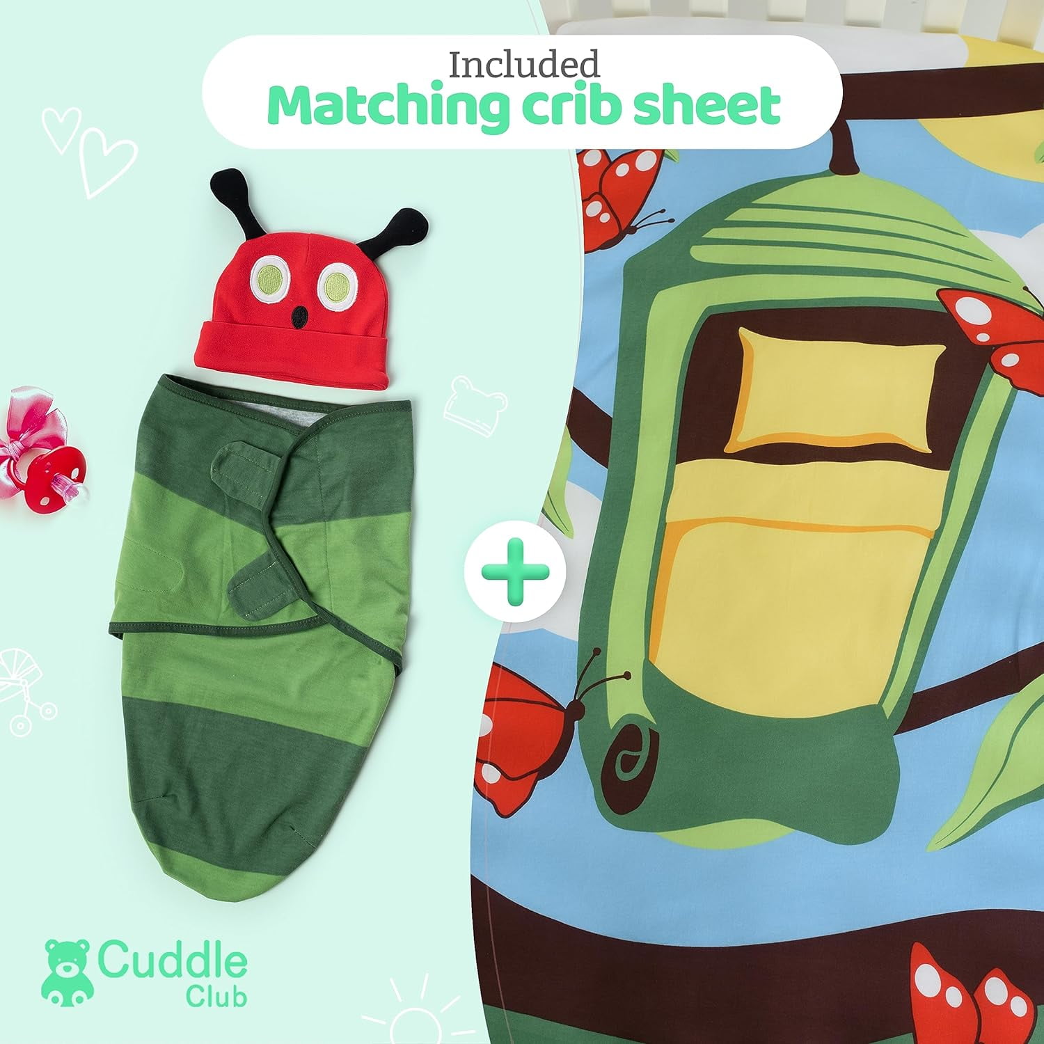 Cuddle Club Baby Wrap Swaddle Blanket Sleep Sack Bundle with Novelty Beanie Hat, Caterpillar Small