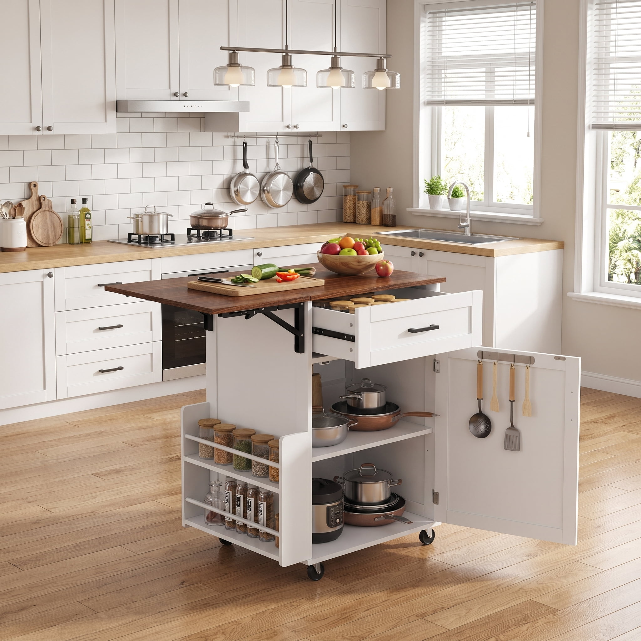 Homy Casa 39" Rolling Kitchen Island with Drop Leaf, Storage Cabinet, Drawer and Wheels White