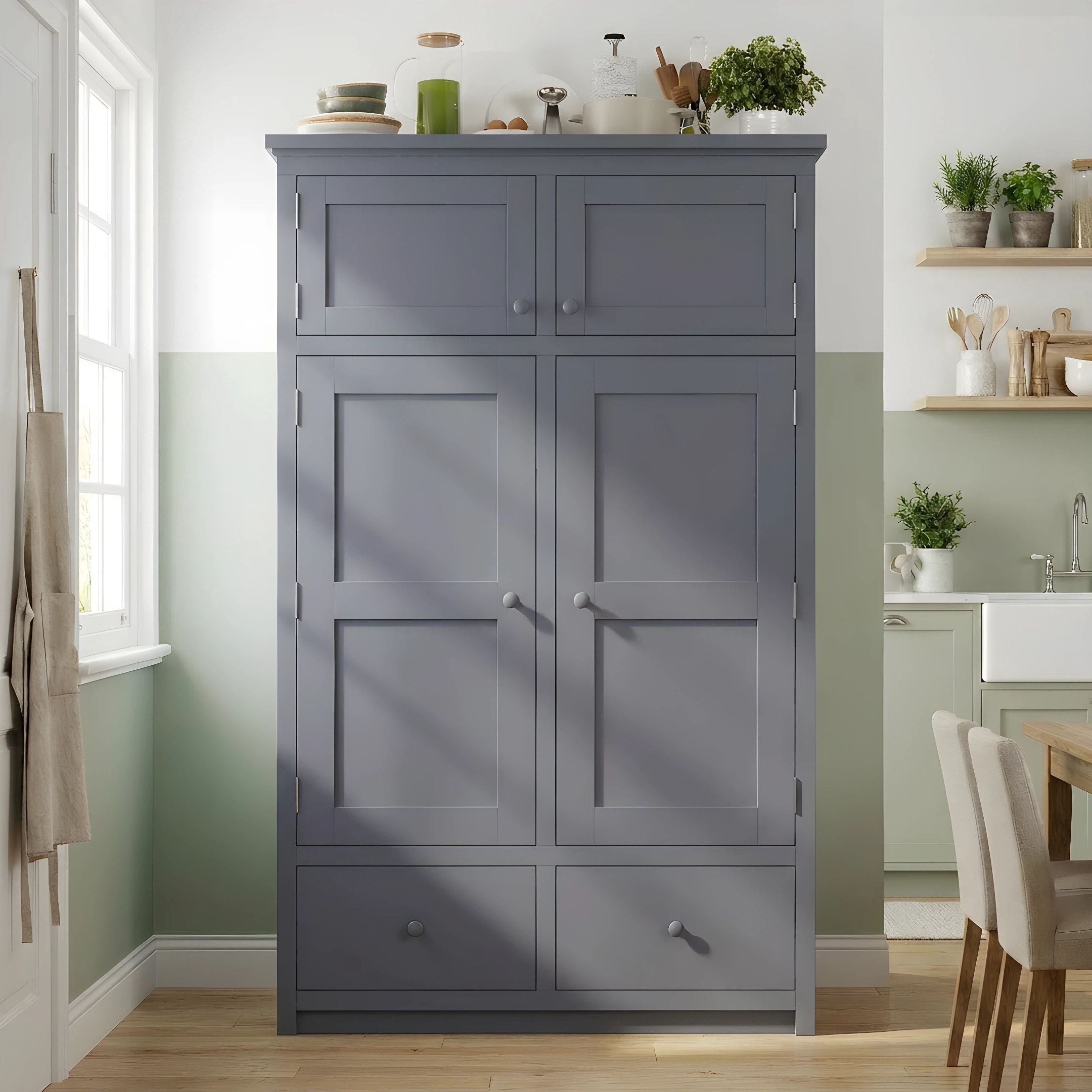 Euroco 74.8" Tall Kitchen Pantry Cabinet with 6 Drawers, Freestanding Storage Cabinet with 8 Door Shelves & 4 Pull-out Trays, Kitchen Hutch Cabinet for Dining Room,Grey