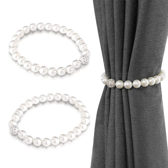 MOAMUN Magnetic Pearl Curtain Tieback Set of 2, Strong Magnetic Beaded Curtain Holdbacks, Decorative Window Drape Curtain Straps 16 Inch (White)