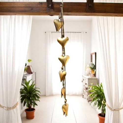 Decorative Hanging Cow Bells – 45” Metal Wind Chime with 6 Heart-Shap Bells on Rope - Vintage Farmhouse Boho Bell Garland for Christmas, Home, Porch, Entryway, Garden & Fireplace (Gold Heart)